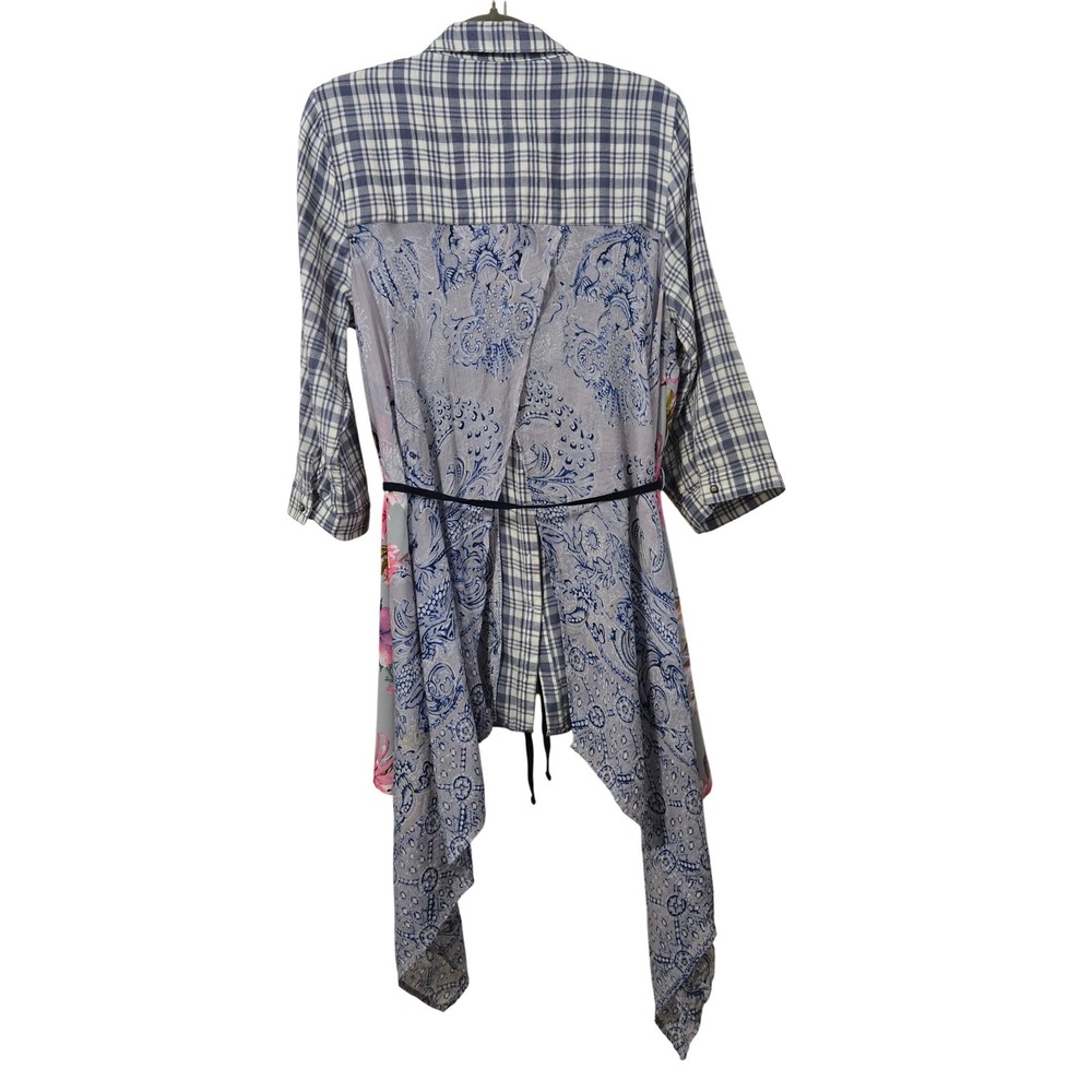 Mixed-Print Blue Floral & Plaid Tunic Shirt - Picture 13 of 16